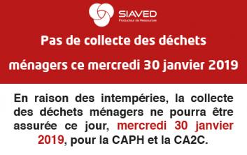 Pas de collecte des déchets  ménagers ce mercredi 30 janvier 2019