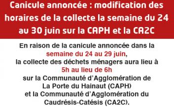 Changement temporaire d'horaires de la collecte sur la CAPH et la CA2C