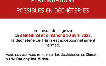 Grève. Déchèterie de Hérin fermée les 29 et 30 avril 2023. Déchèterie de Denain et de Douchy les Mines ouvertes