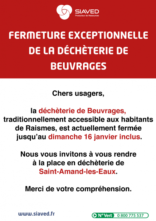 Fermeture exceptionnelle de la déchèterie de Beuvrages