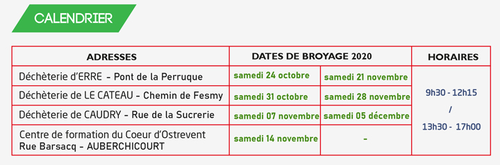 Calendrier broyage des déchets 16 10 2020